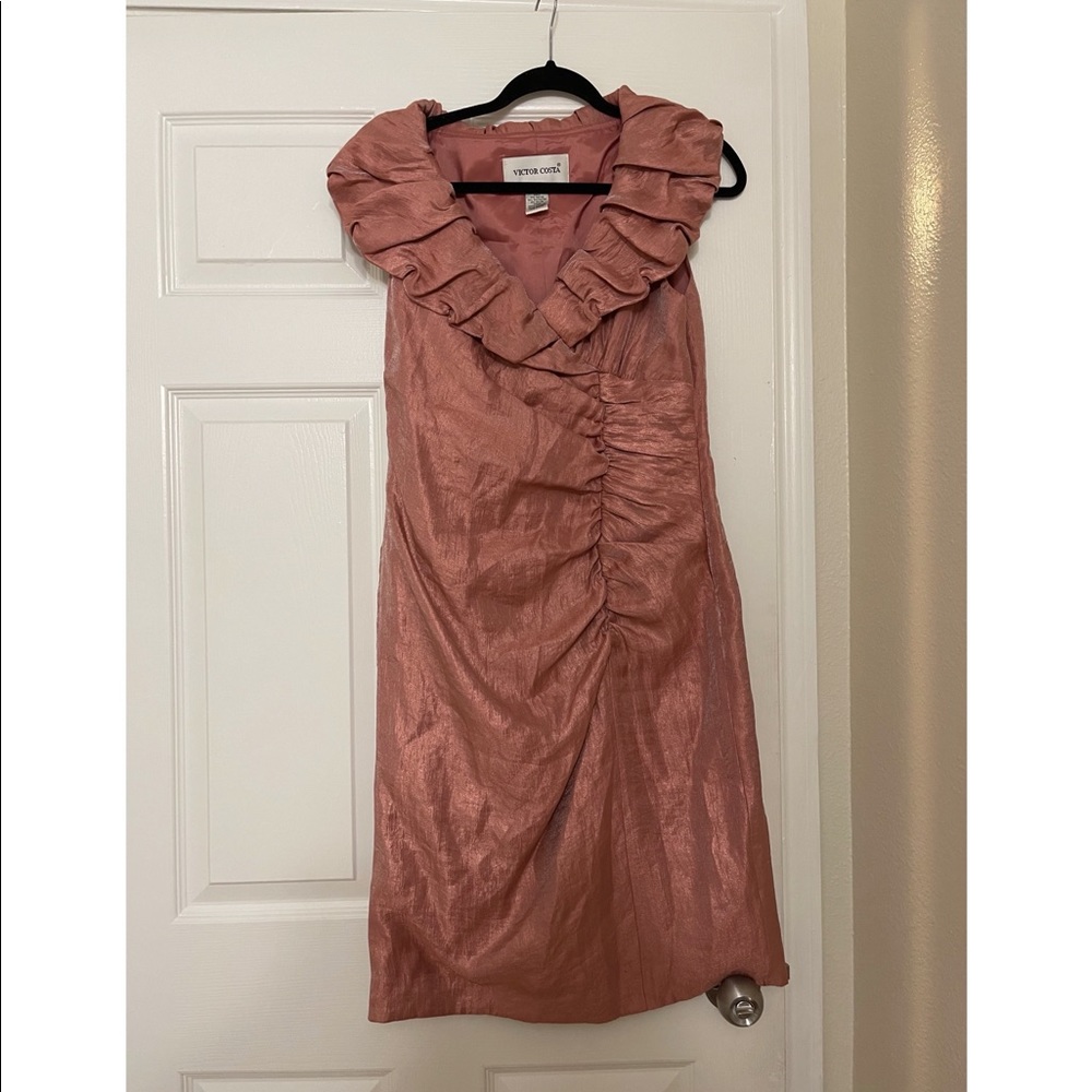 Victor Costa pink shiny pencil dress ruffle collar